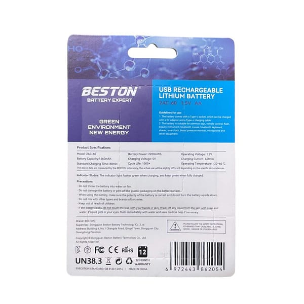 Pila AA Beston Recargable 1.5V 2200Mah + USB TIPO C - Imagen 5